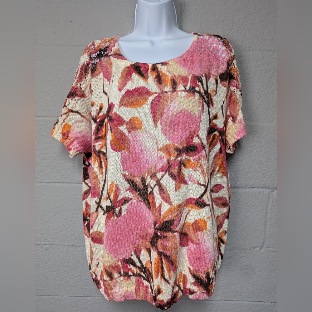 Chicos Cotton Knit Top Size 2 (US L) Pink Floral Pulllover